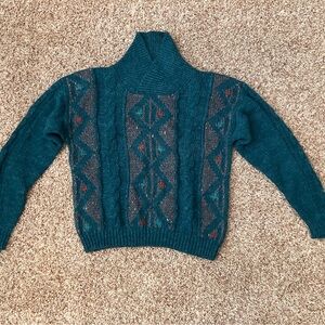 Vintage 80s 90s Grandpa Wool Crewneck Sweater L Geometric Cottagecore Cabin Cozy